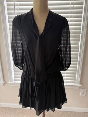 Armani Exchange Black Sheer-Sleeve Tie-Front Mini Dress